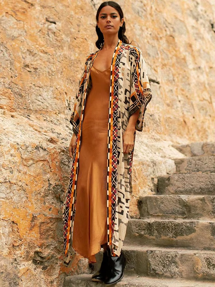 Kimono Long Hippie Imprimé Aztèque, Taille Unique