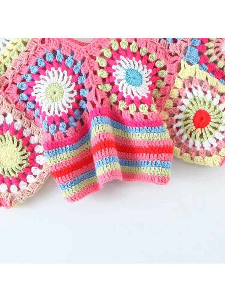 Crop Top Crochet à Fleurs Multicolores Bohème
