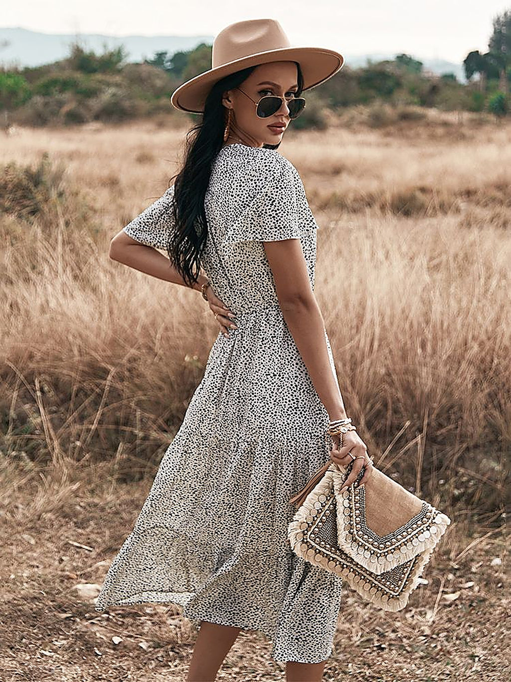 Robe hippie chic hiver vue de dos tombé fluide midi