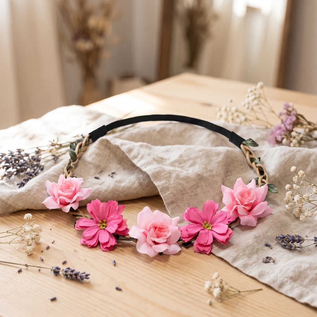 Couronne de fleurs rose en tissu posée sur une table en bois avec du lin et des fleurs séchées