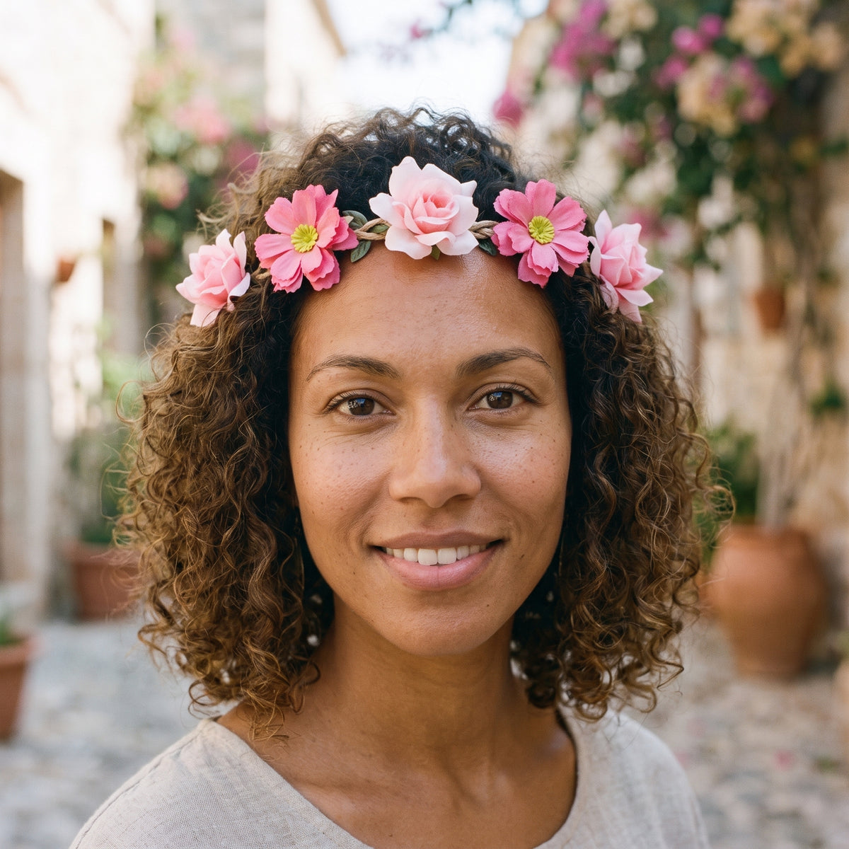 Modèle souriante portant la couronne de fleurs rose en tissu, ruelle méditerranéenne pavée