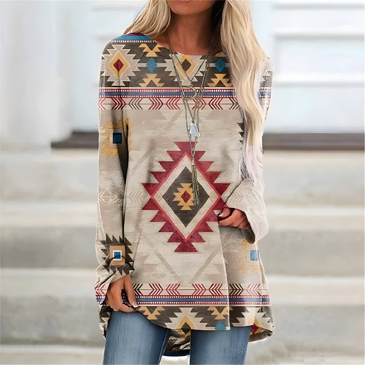 Tunique bohème aztèque beige sable, ourlet arrondi haut-bas