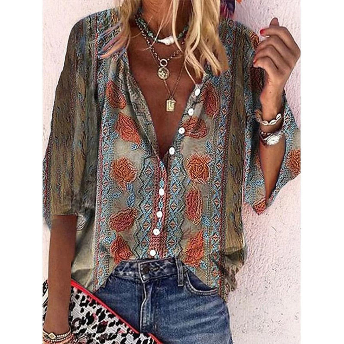 Chemise hippie femme à fleurs coloris beige terracotta, col en V boutonné