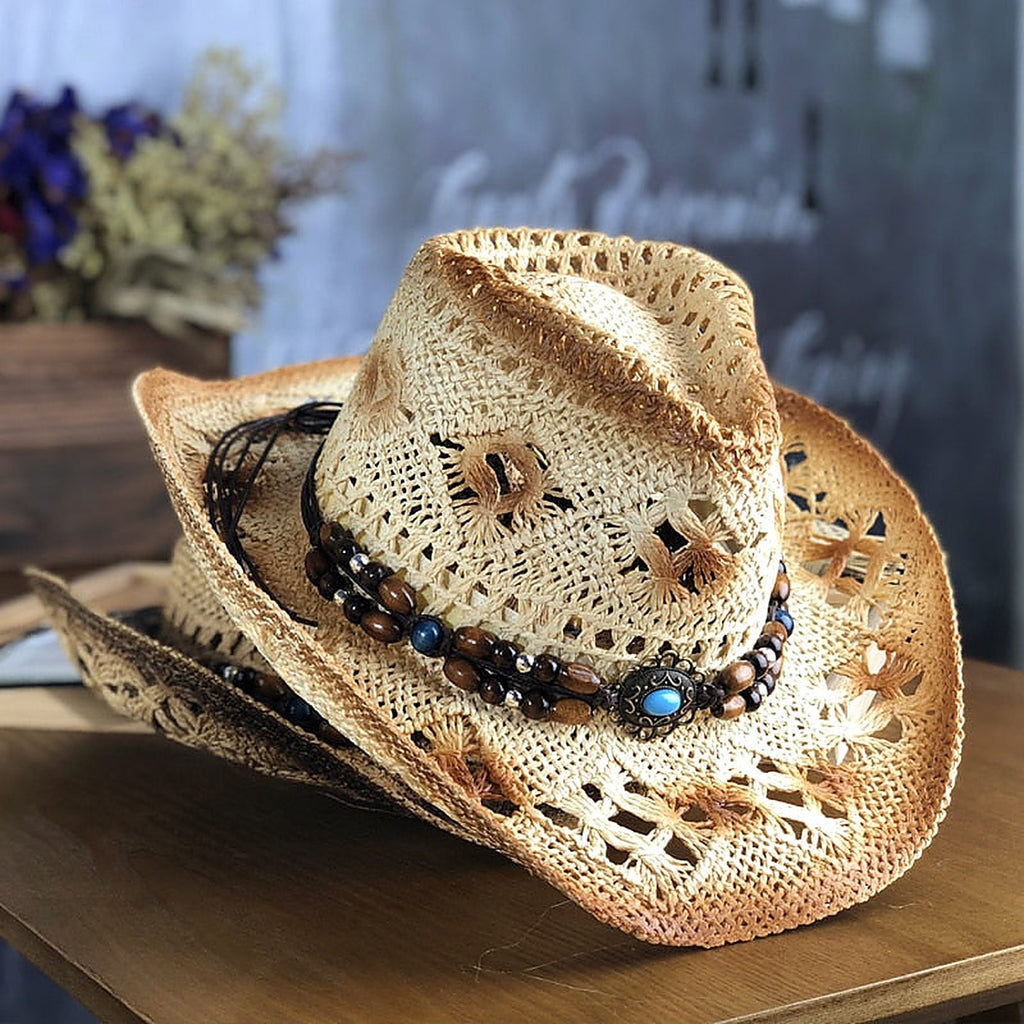 Chapeau de paille femme hippie chic beige, style cowboy, perles turquoise