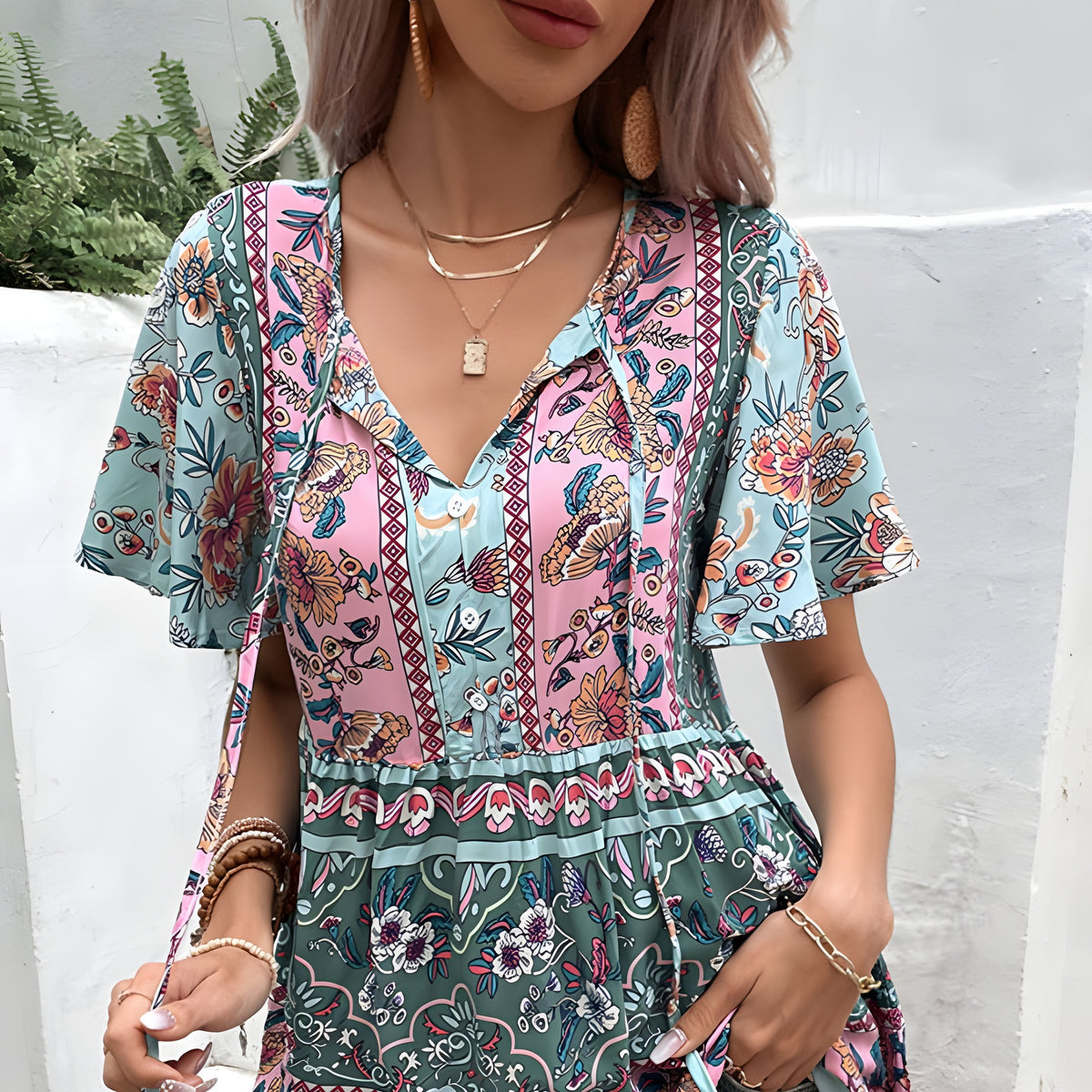 Blouse bohème imprimé patchwork vert d'eau et rose, vue de face avec son col chemisier