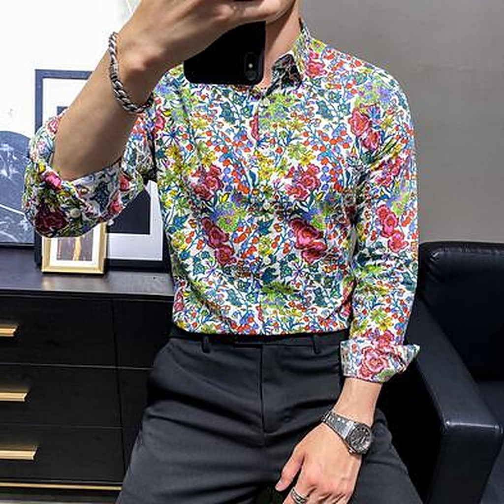 Chemise hippie chic homme a fleurs bleu multicolore coupe cintree Image