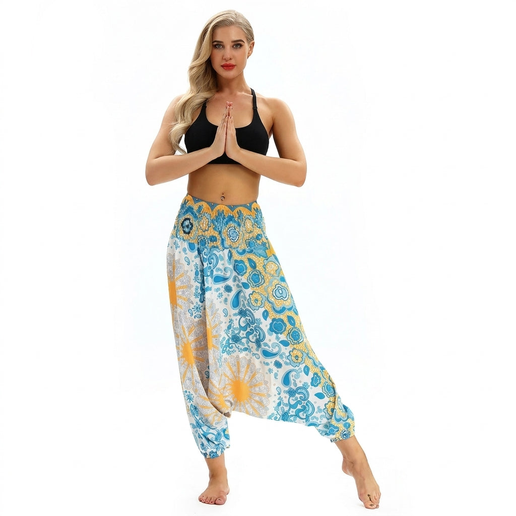 Sarouel ethnique femme imprime floral bleu et blanc Image