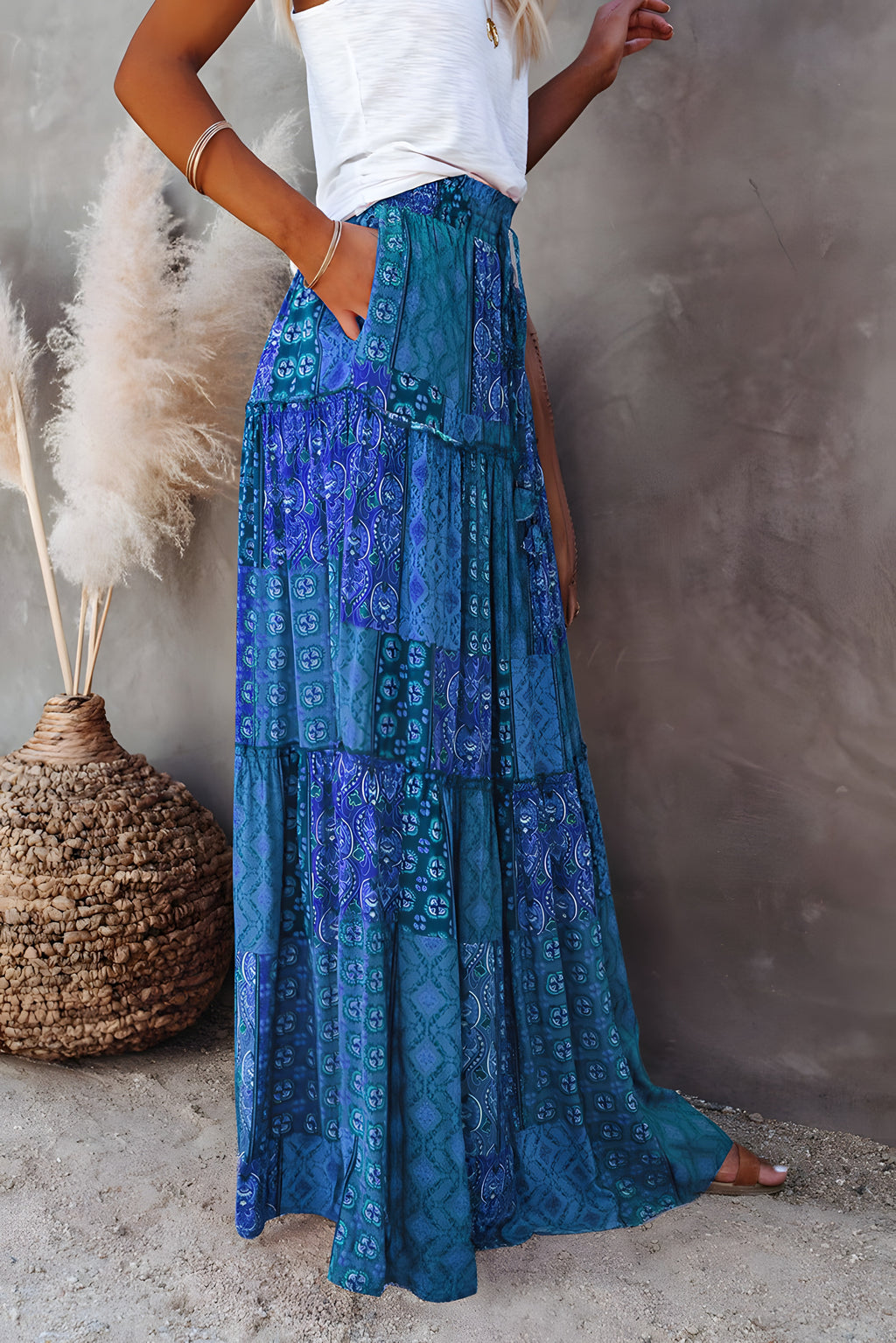 Jupe gitane bohème patchwork ethnique bleu turquoise, coupe très ample