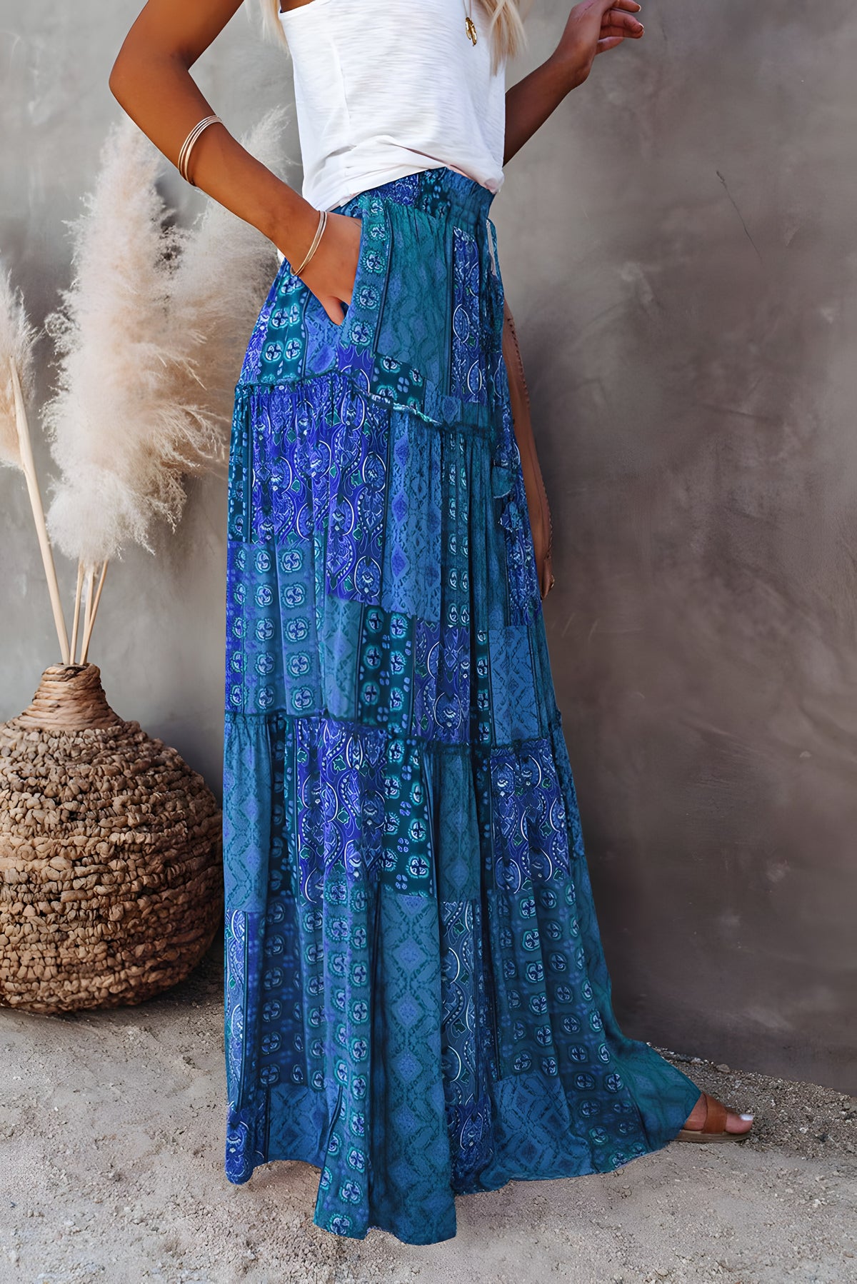 Jupe gitane bohème patchwork ethnique bleu turquoise, coupe très ample