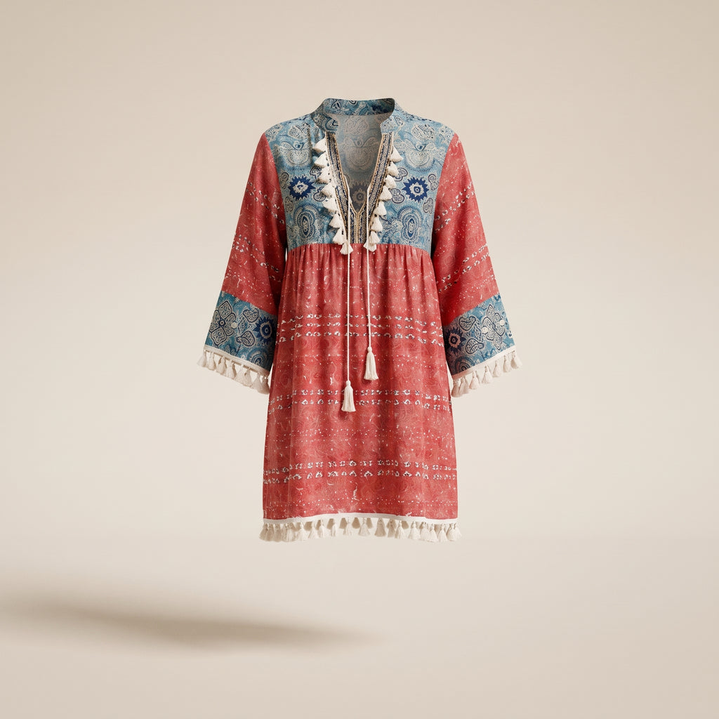 Robe hippie chic à pompons portée sur mannequin invisible, fond studio écru