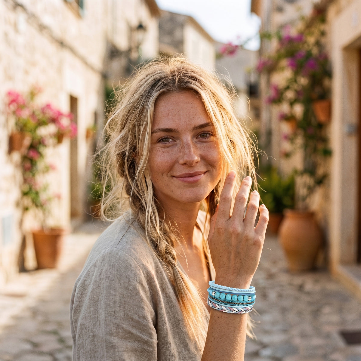Modèle souriante portant le bracelet multi-rangs turquoise au poignet, ruelle méditerranéenne