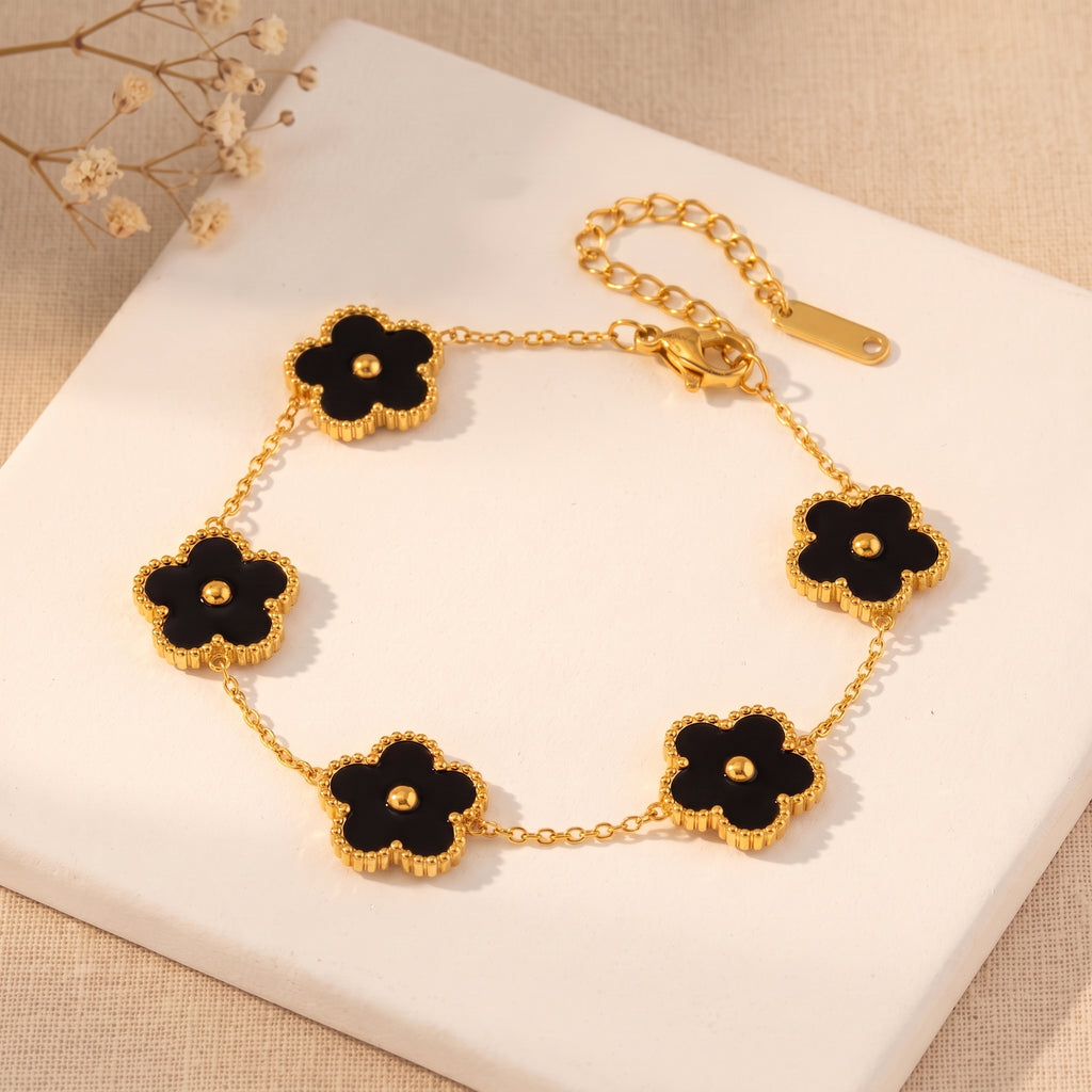 Bracelet trèfle doré à fleurs noir, style Alhambra