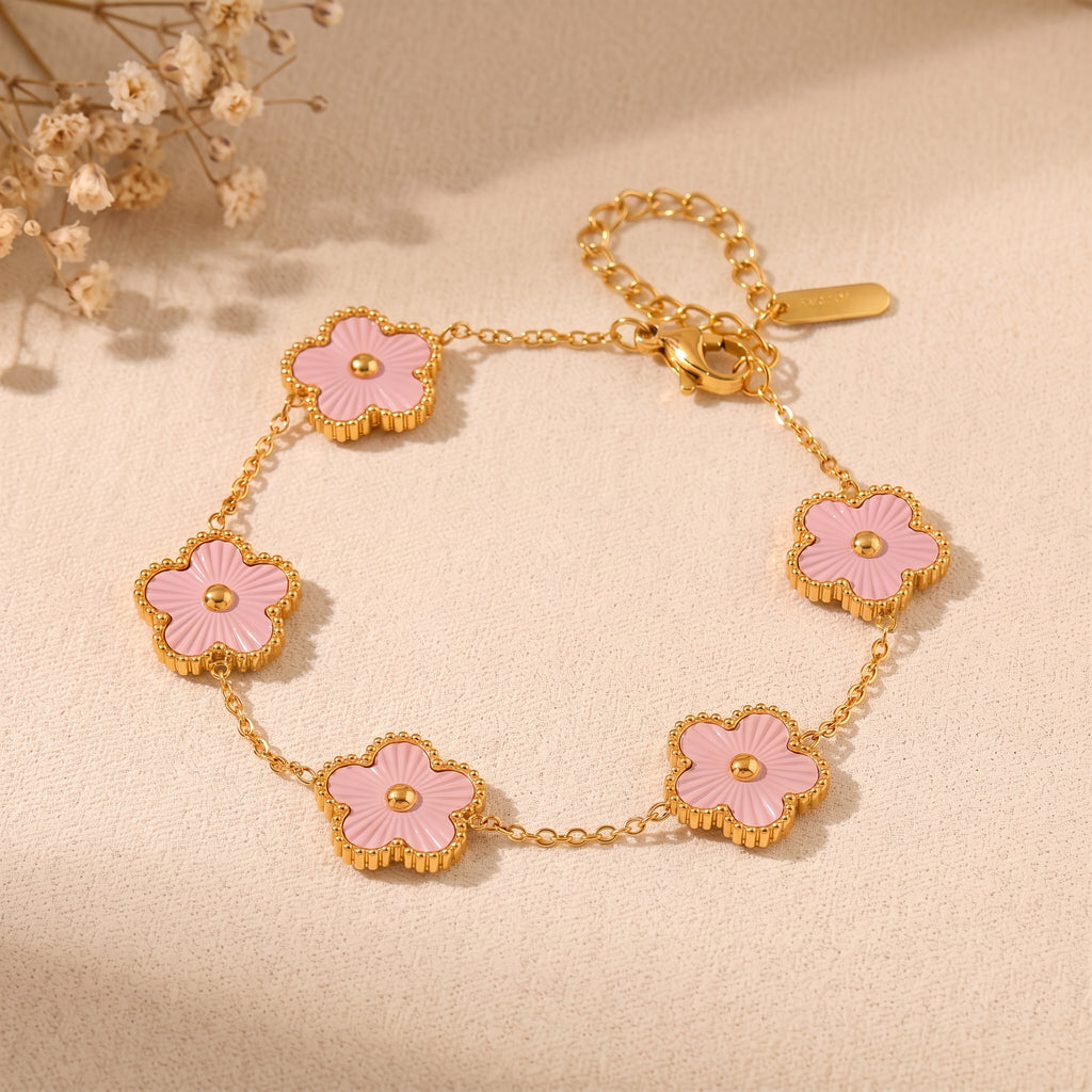 Bracelet trèfle doré à fleurs rose