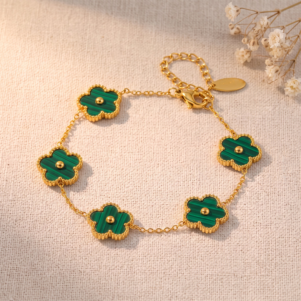 Bracelet trèfle doré à fleurs vert malachite