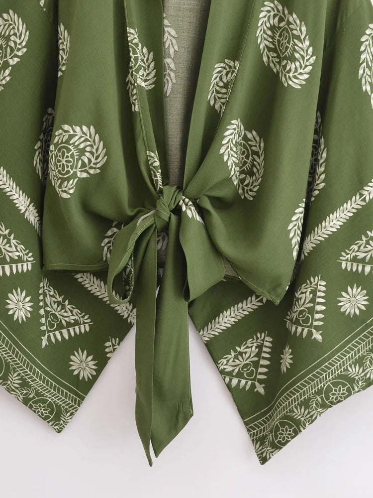 Kimono Court à Nouer Imprimé Végétal