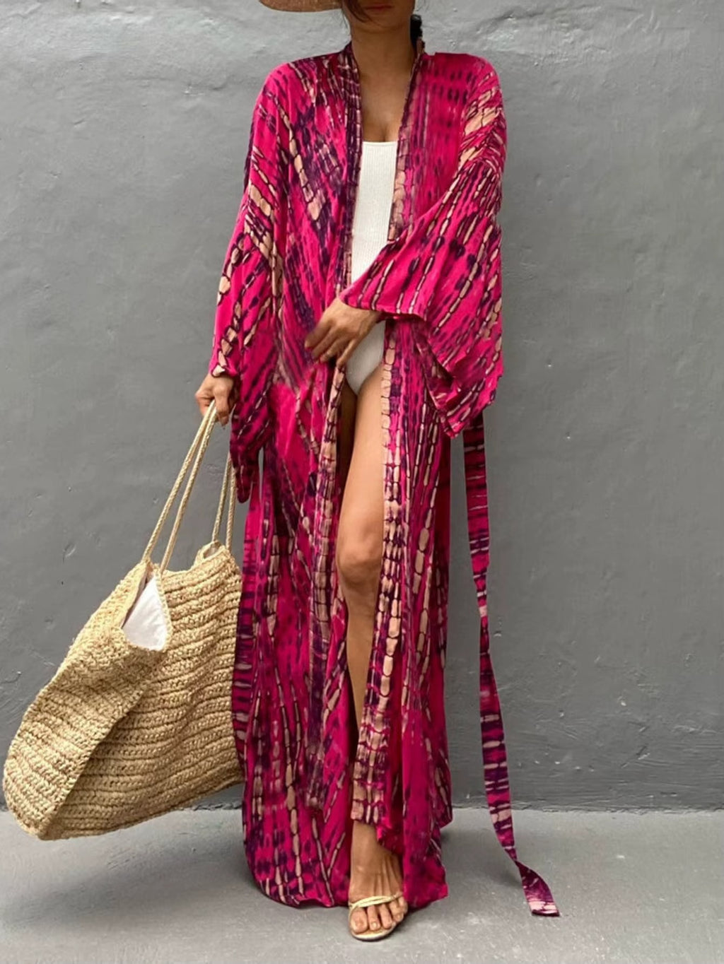 Kimono Long Bohème Imprimé Tie-Dye Fuchsia