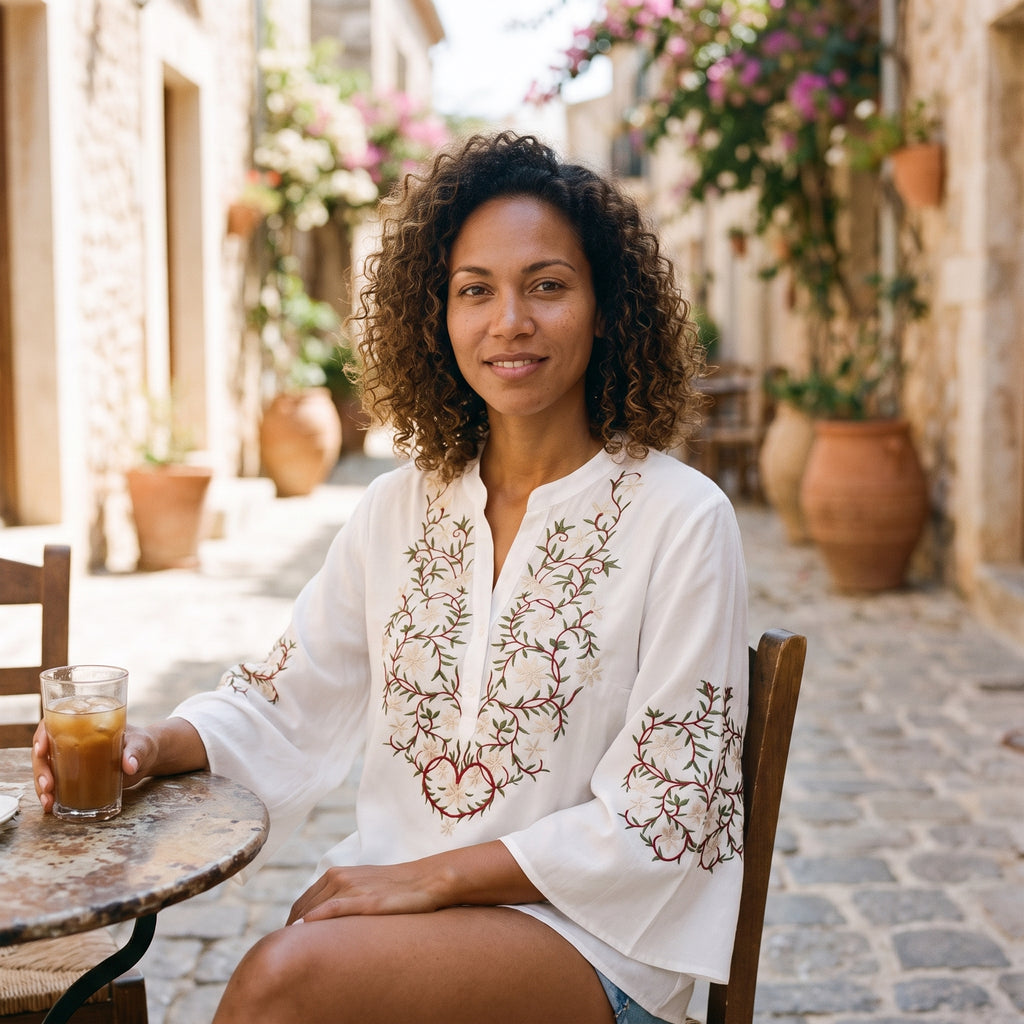 Modèle souriante portant la chemise blanche brodée, assise à une terrasse méditerranéenne