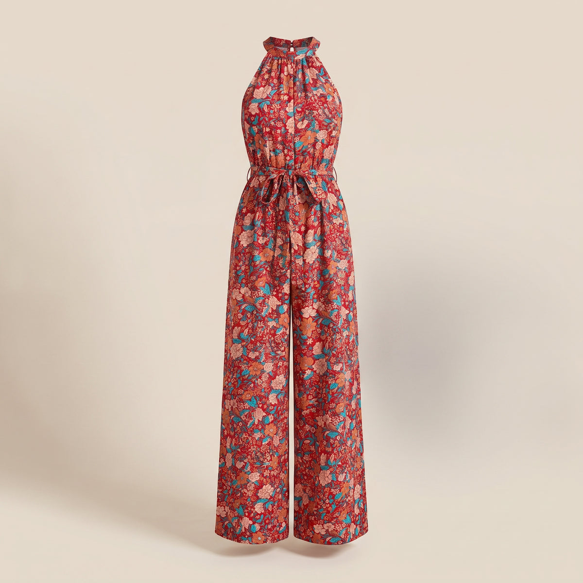 Combinaison hippie femme fleurie à jambe large et encolure licou sur mannequin invisible, fond studio écru