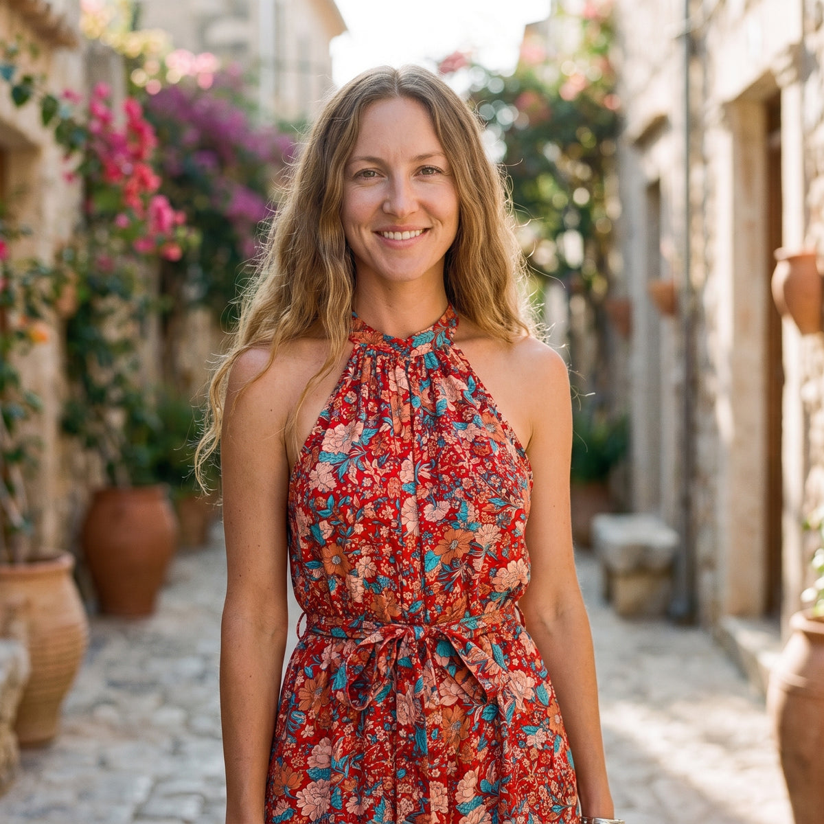Modèle souriante portant la combinaison hippie femme fleurie à jambe large et encolure licou, ruelle méditerranéenne pavée