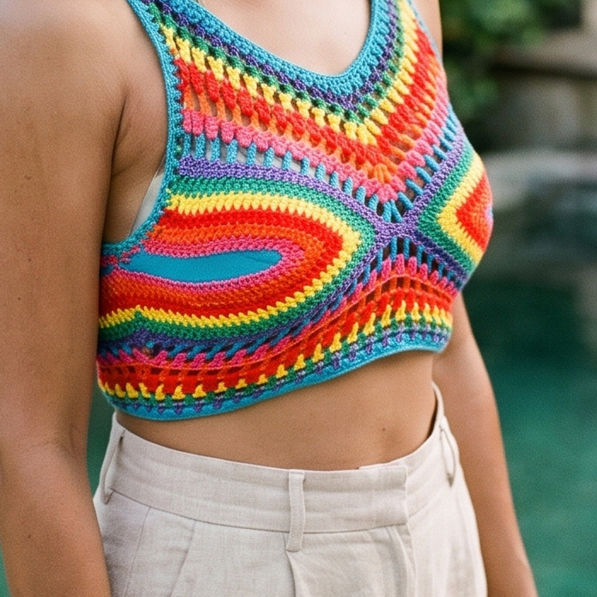 Gros plan du crochet arc-en-ciel et des losanges concentriques