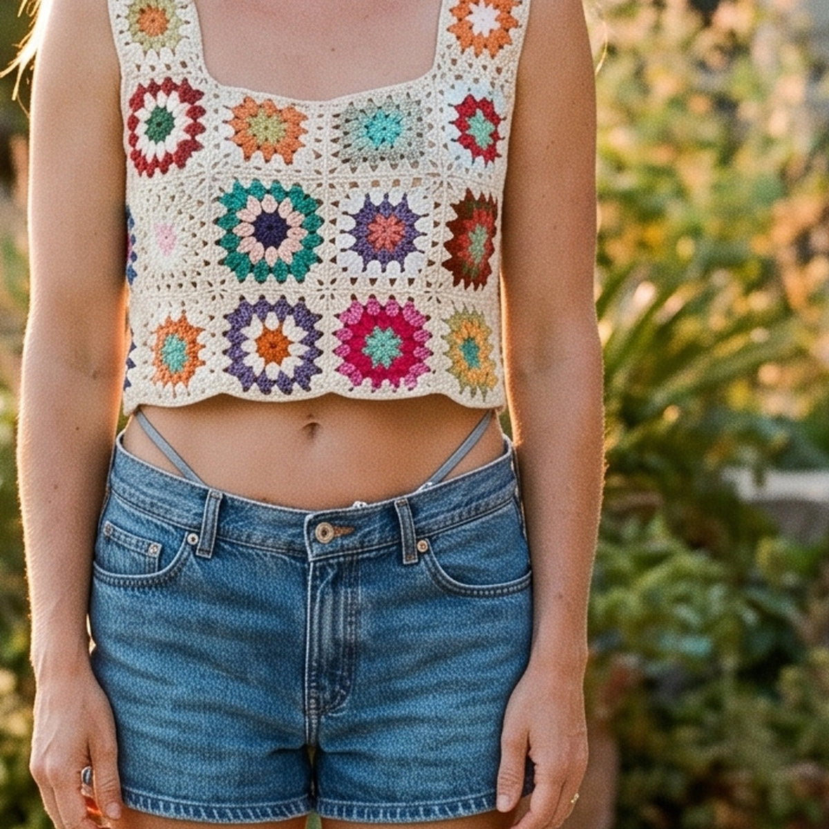 Gros plan des carrés au crochet granny squares et des fleurs colorées