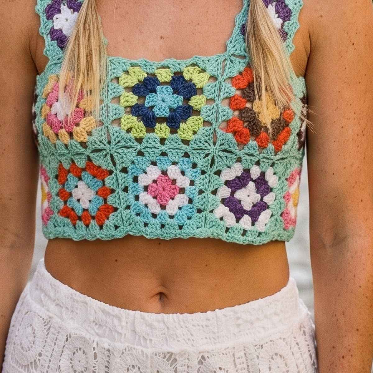 Gros plan de la maille au crochet et des carrés à cœur de fleur