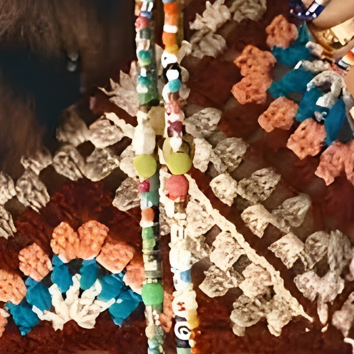 Gros plan des carrés au crochet granny squares fleuris sur fond terracotta