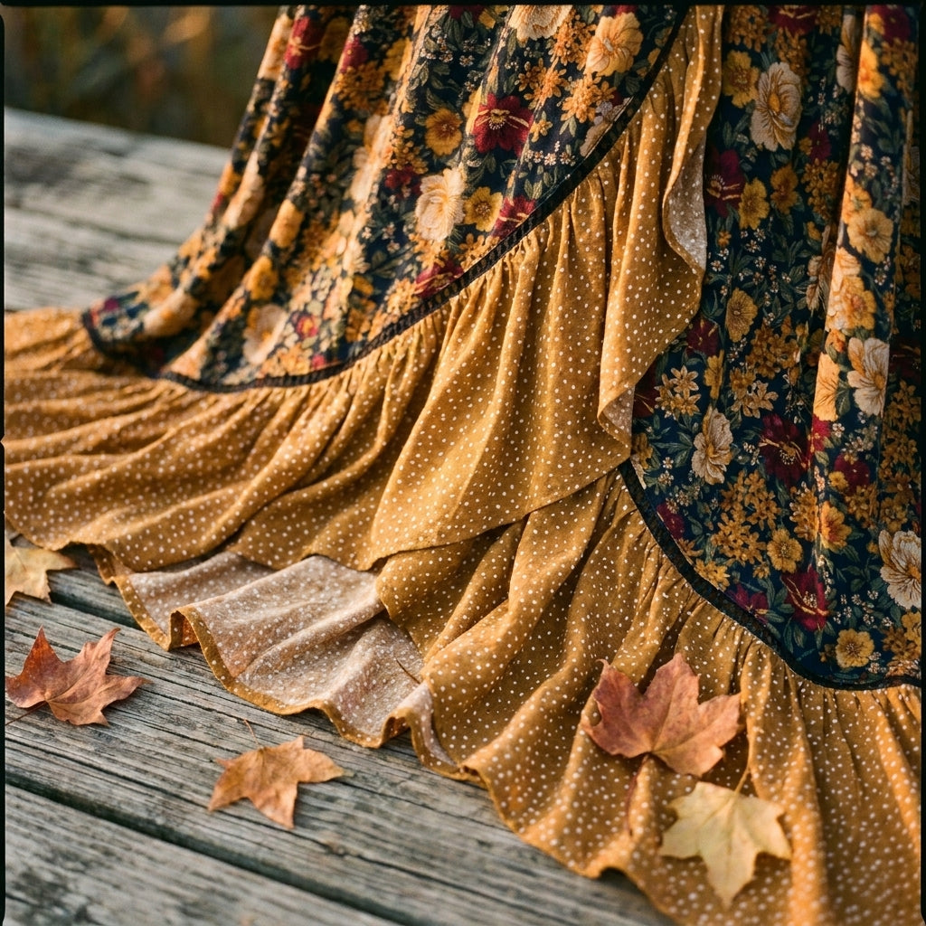 Robe longue hippie chic automne, imprimé floral, coupe portefeuille - ourlet à volants Image