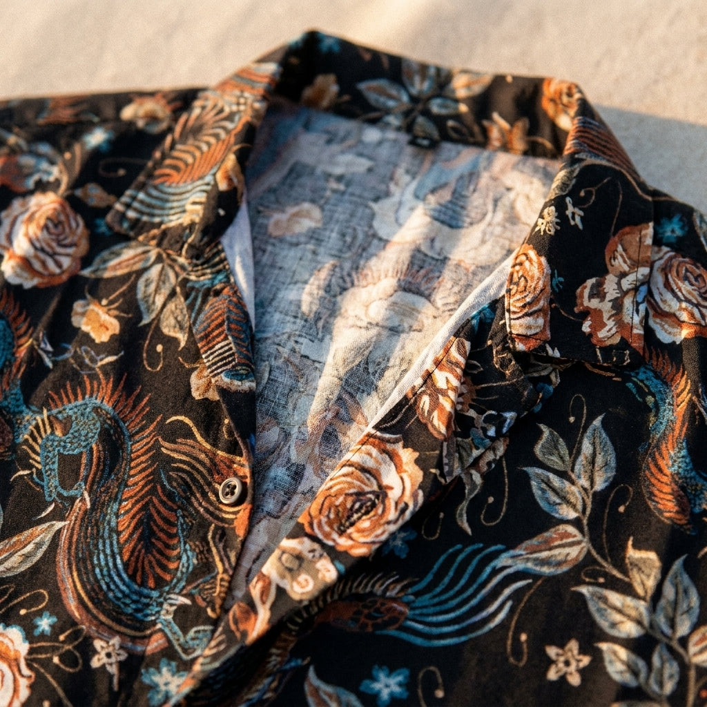 Gros plan imprimé floral et col cubain de la chemise hippie noire Image