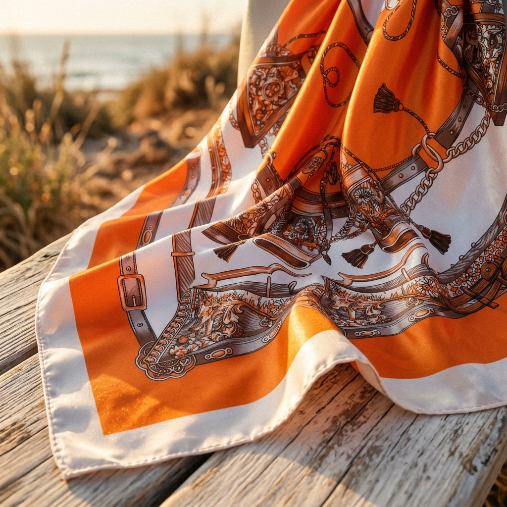 Détail du satin et de l imprimé baroque du foulard hippie orange Image