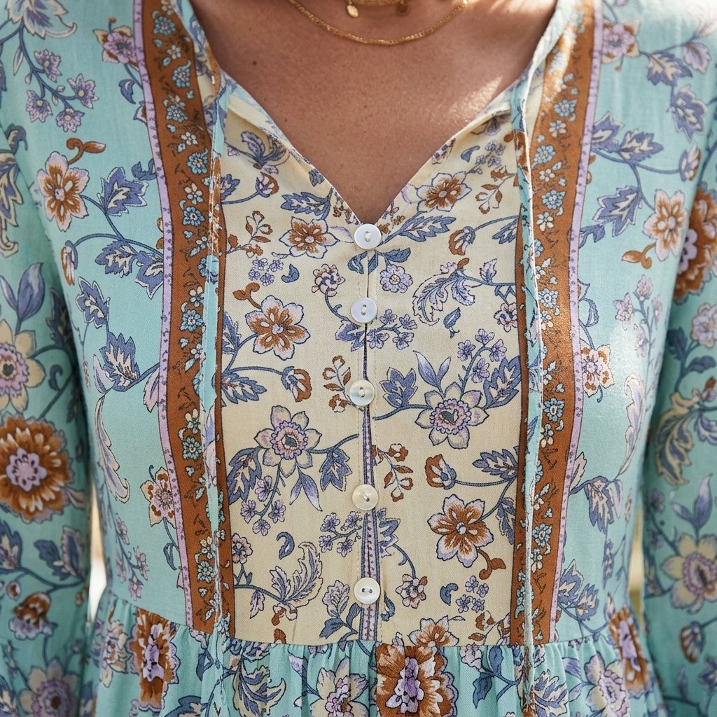 Détail imprimé fleuri et col V boutonné de la robe hippie bohème Image