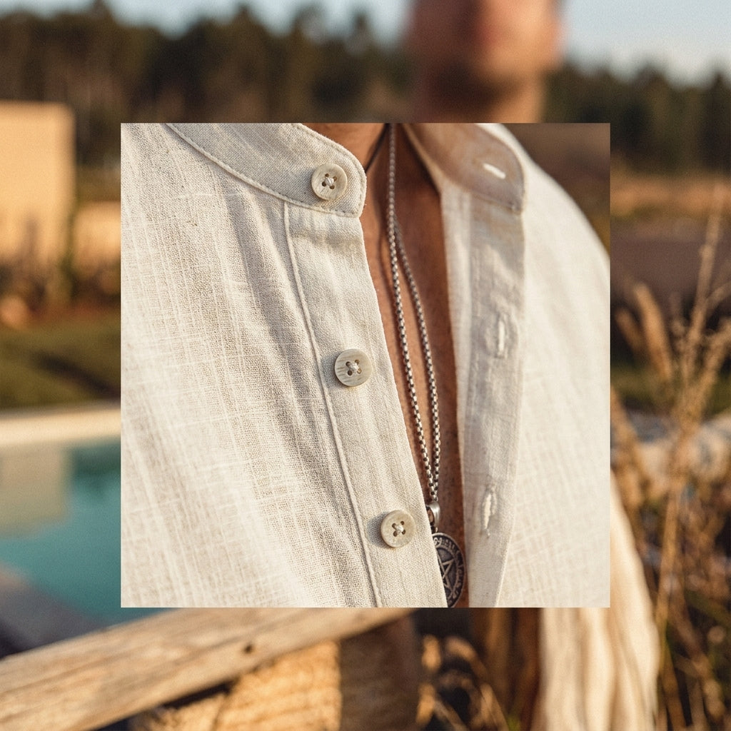 Détail col Mao et patte boutonnée en lin de la chemise hippie chic homme Image