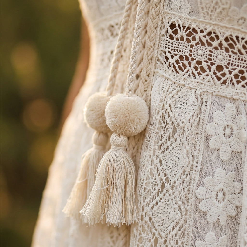 Détail dentelle, pompons et glands crème de la robe bohème Image