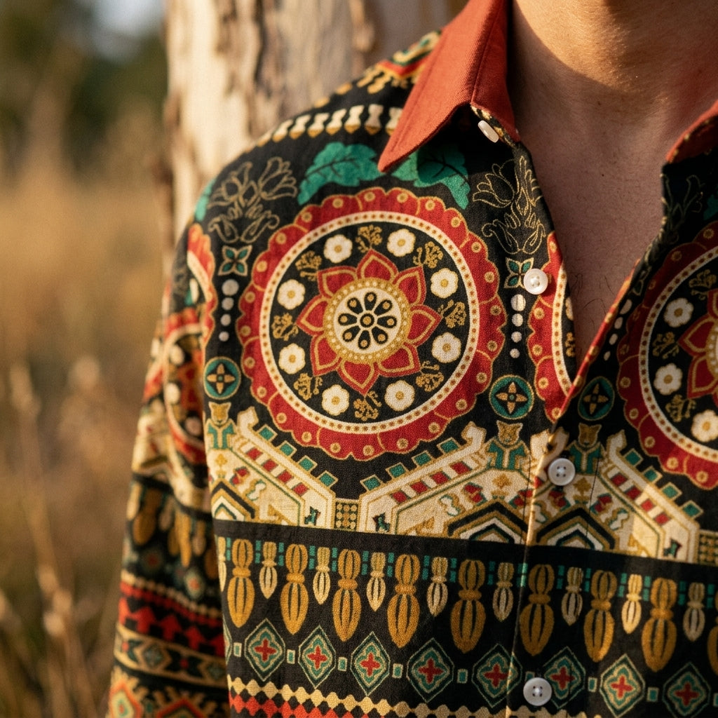 Détail imprimé mandala ethnique de la chemise hippie homme Image