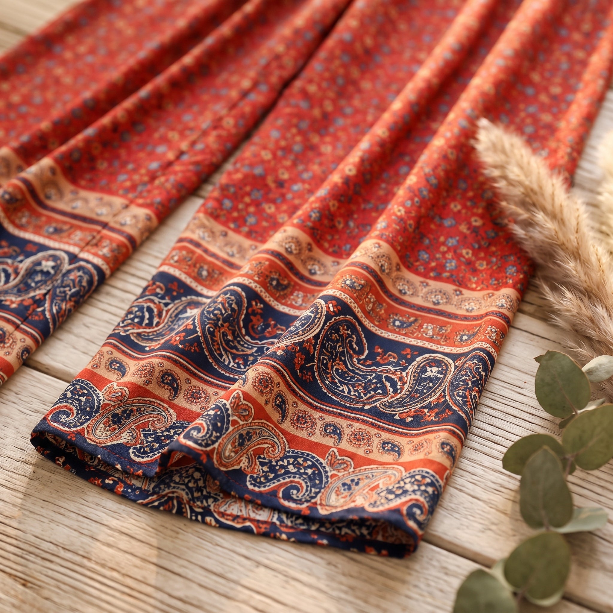 Détail bordure ethnique paisley et tissu fluide du pantalon hippie Bild