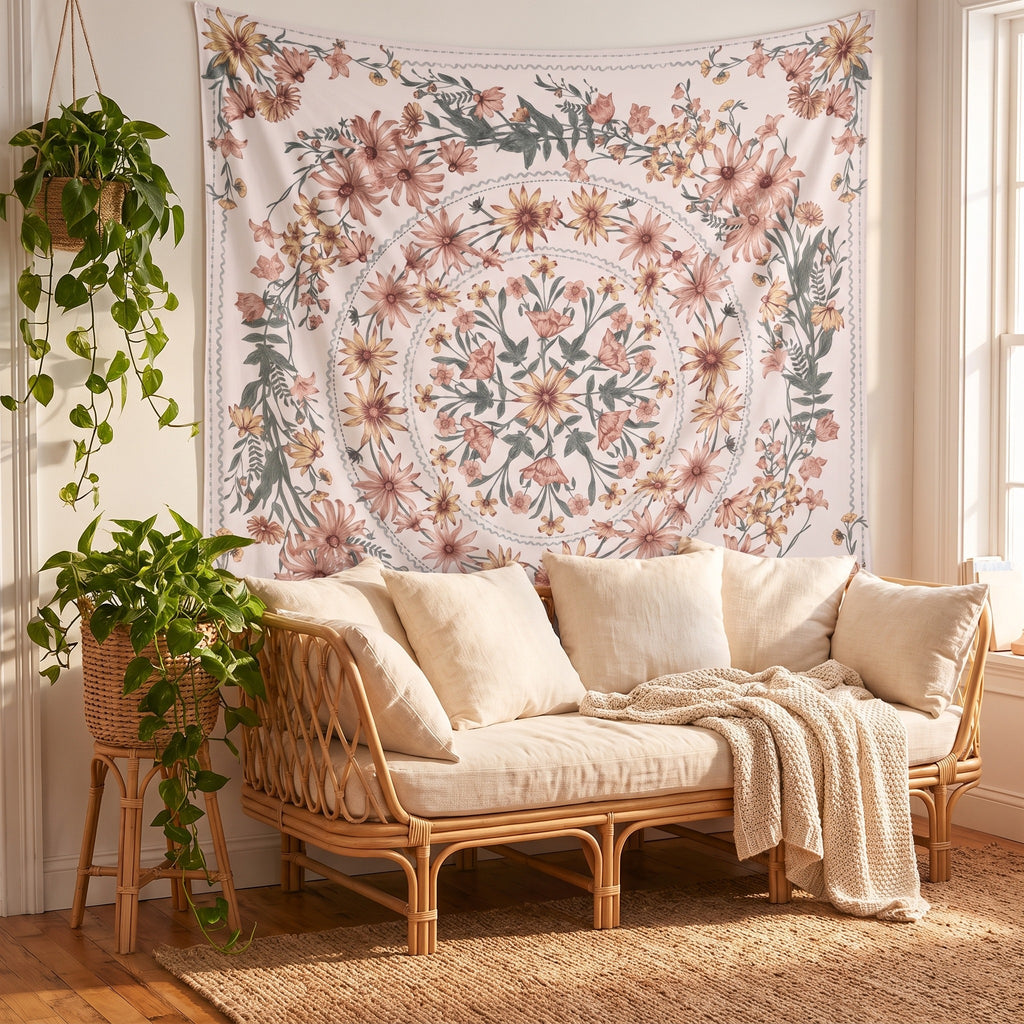 Tenture murale hippie fleurie mandala bohème dans un salon