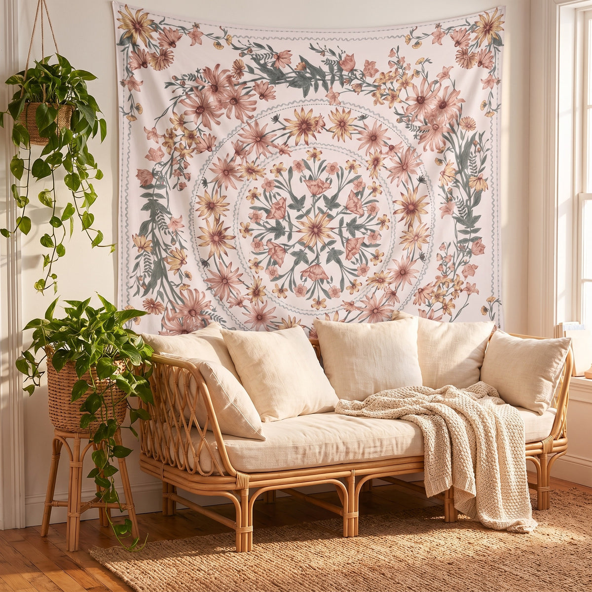 Tenture murale hippie fleurie mandala bohème dans un salon