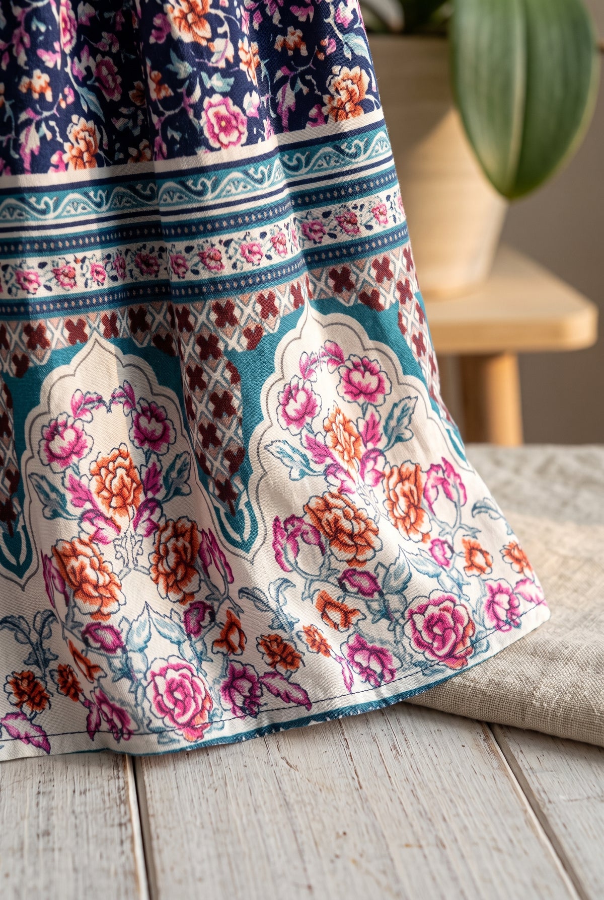 Bordure ethnique fleurie crème et turquoise de la jupe bohème