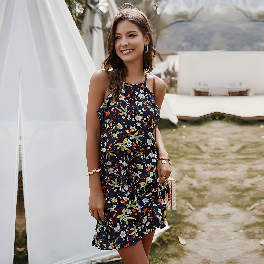 Robe hippie fleurie à volants, col licou dos ouvert - marine
