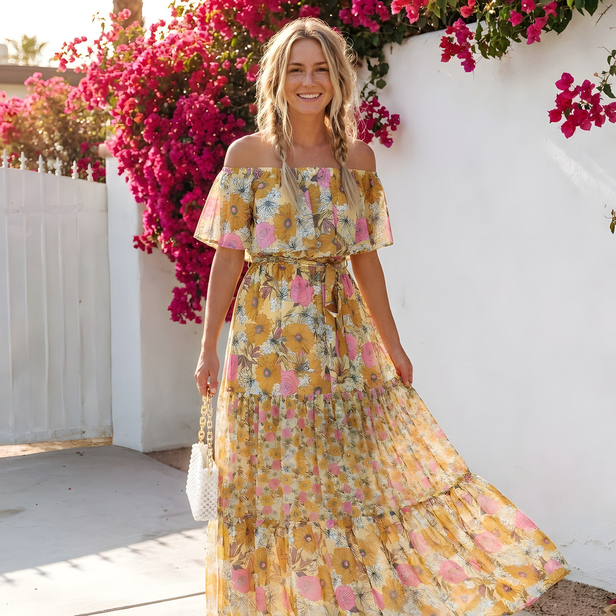 Robe Longue Fleurie Hippie · Épaules Dénudées