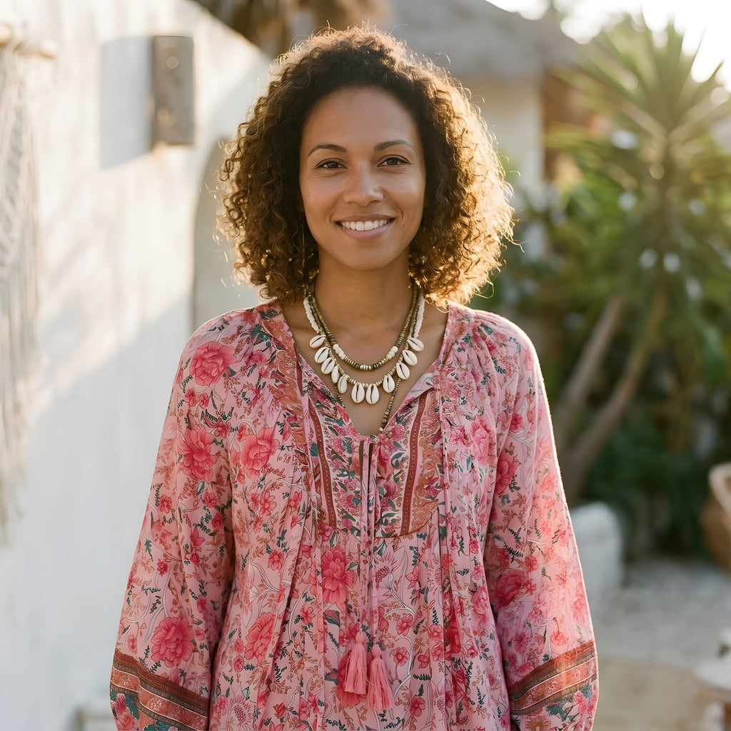 Blouse Bohème Femme, Col Lacé & Imprimé Fleuri