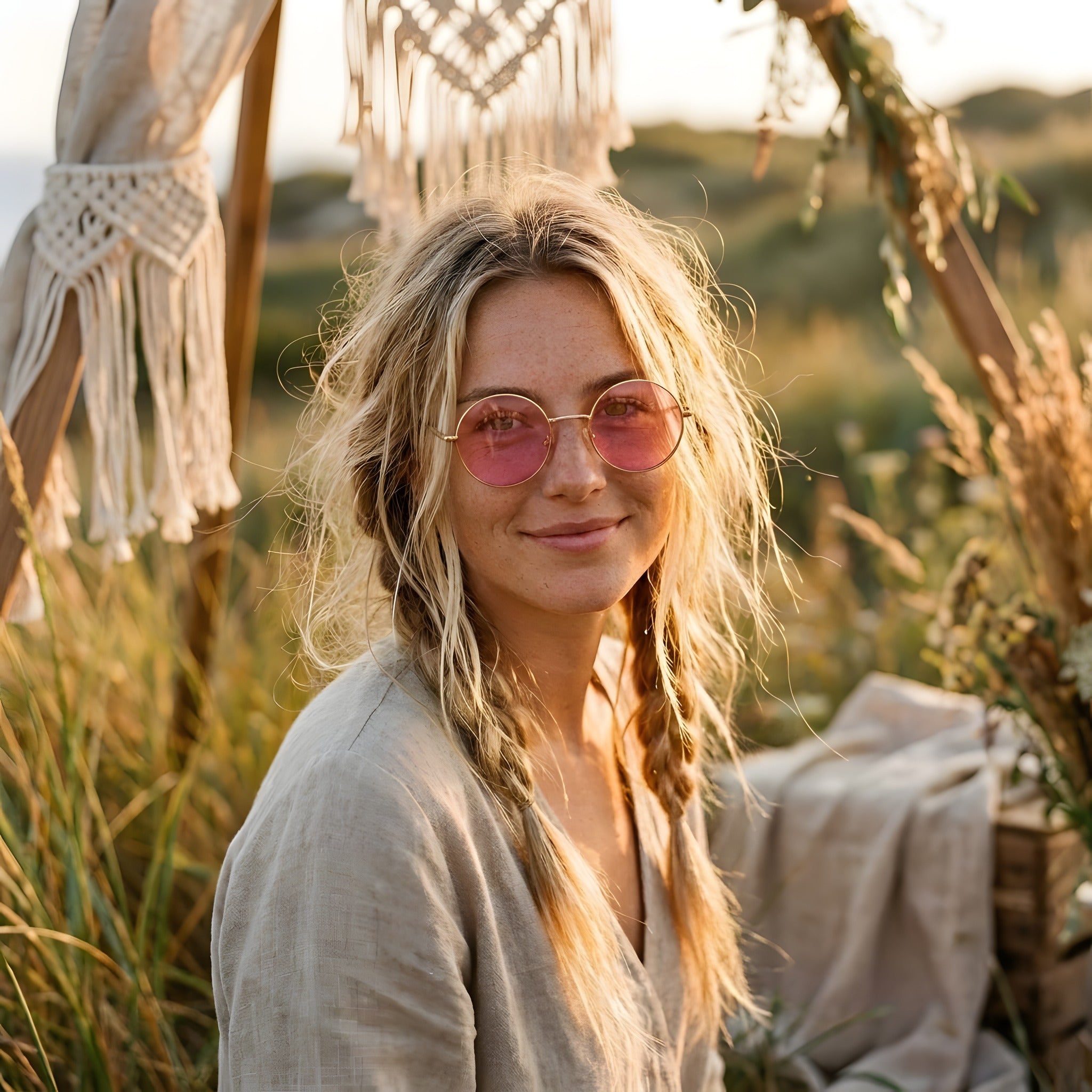 Modèle souriante portant les lunettes de soleil rondes hippie à monture dorée, ruelle méditerranéenne Image