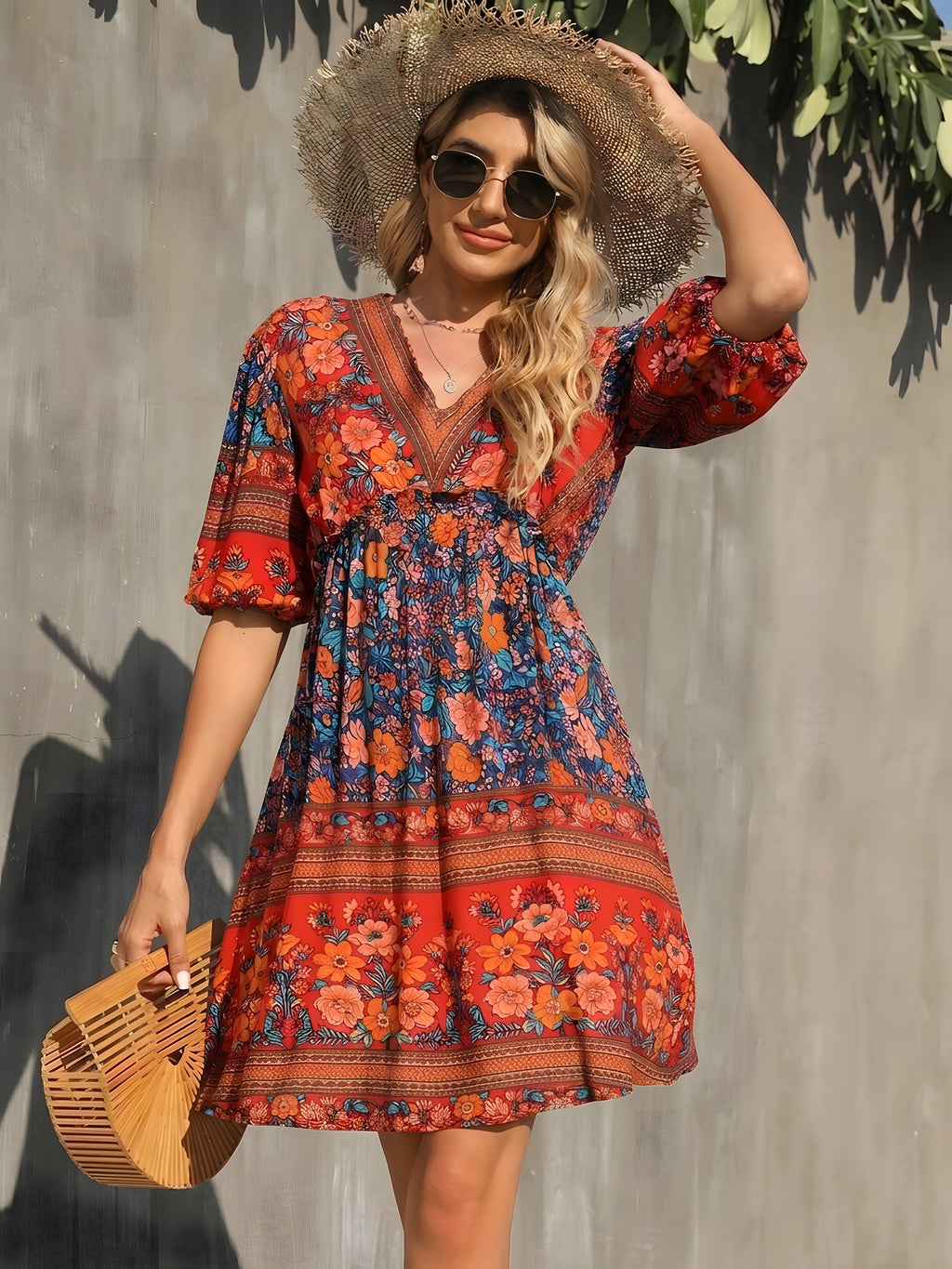 Robe Courte Hippie Chic à Col V Fleuri