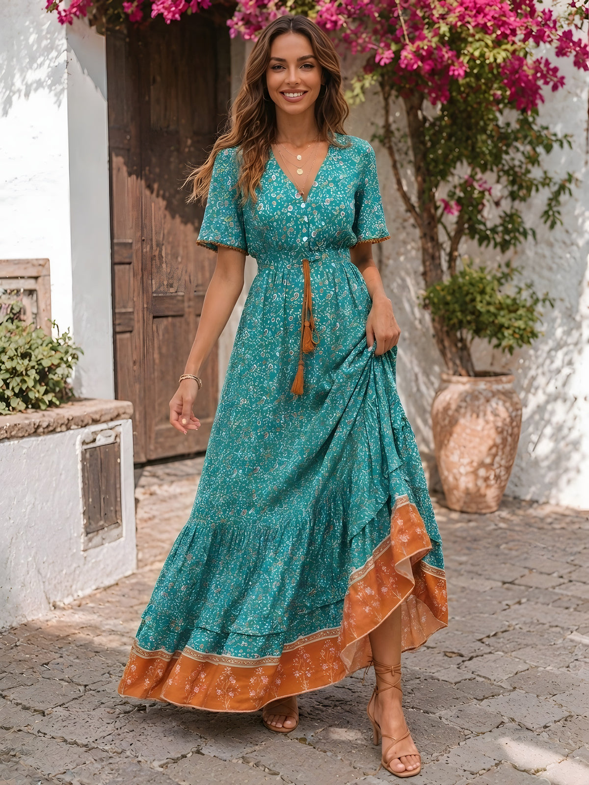 Robe Hippie Longue Turquoise Fleurie · Bordure Terracotta