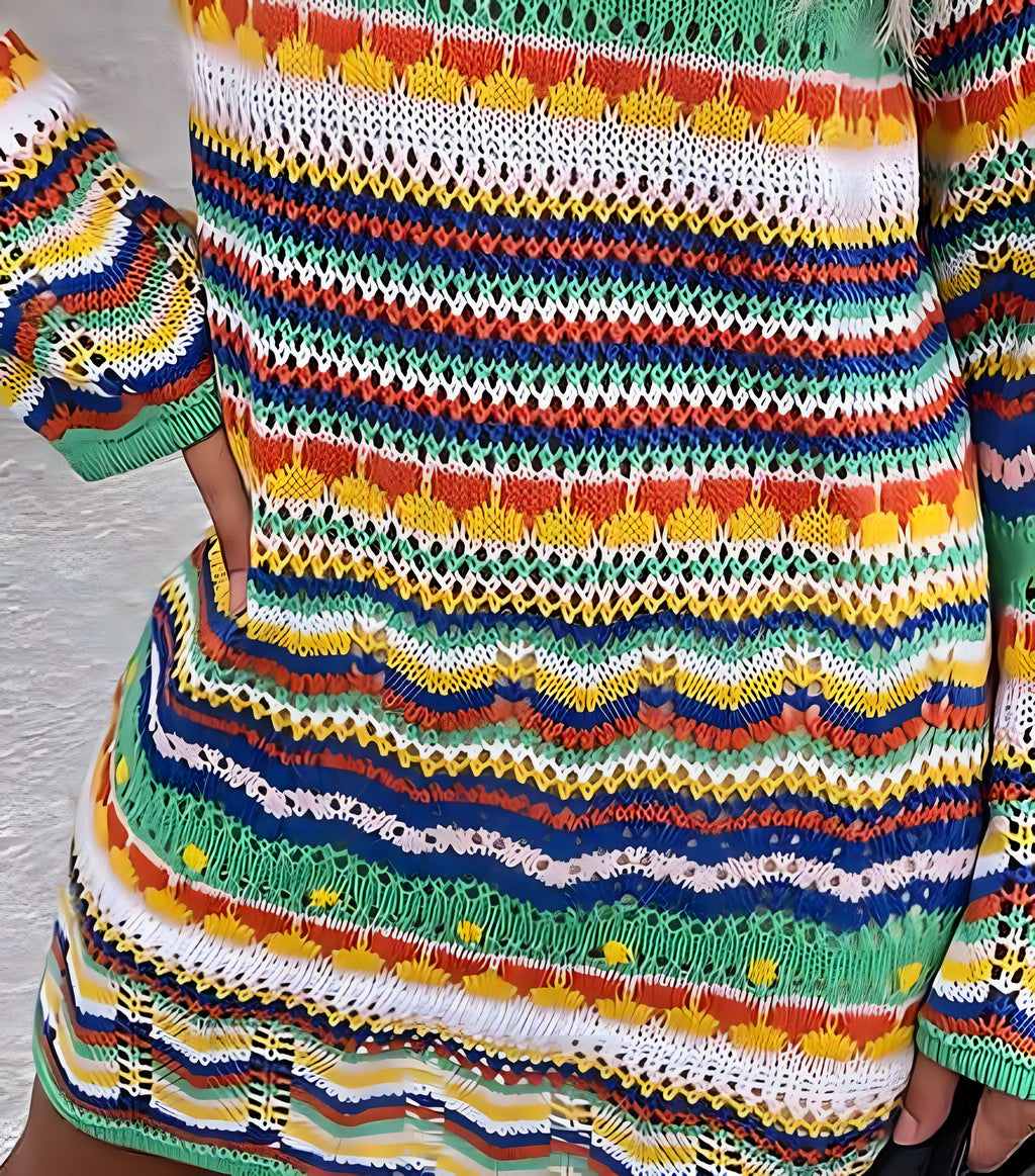 Robe Pull Hippie en Maille Ajourée · Arc-en-Ciel Bohème
