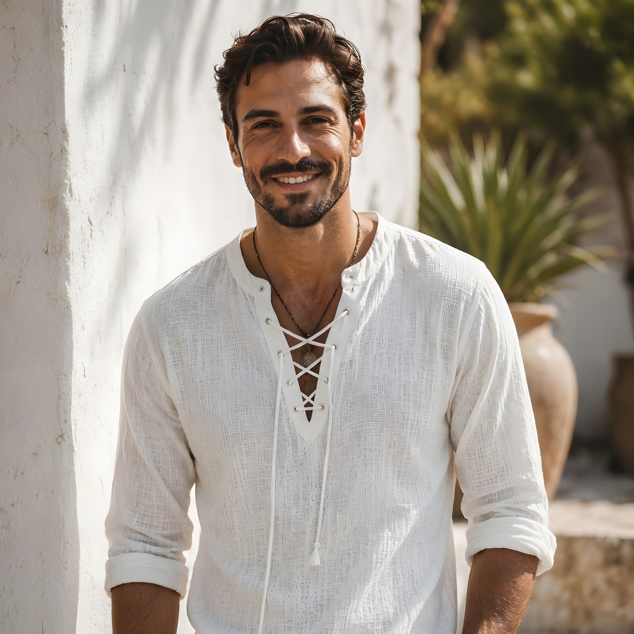 Chemise hippie homme blanche portée par un modèle souriant Image