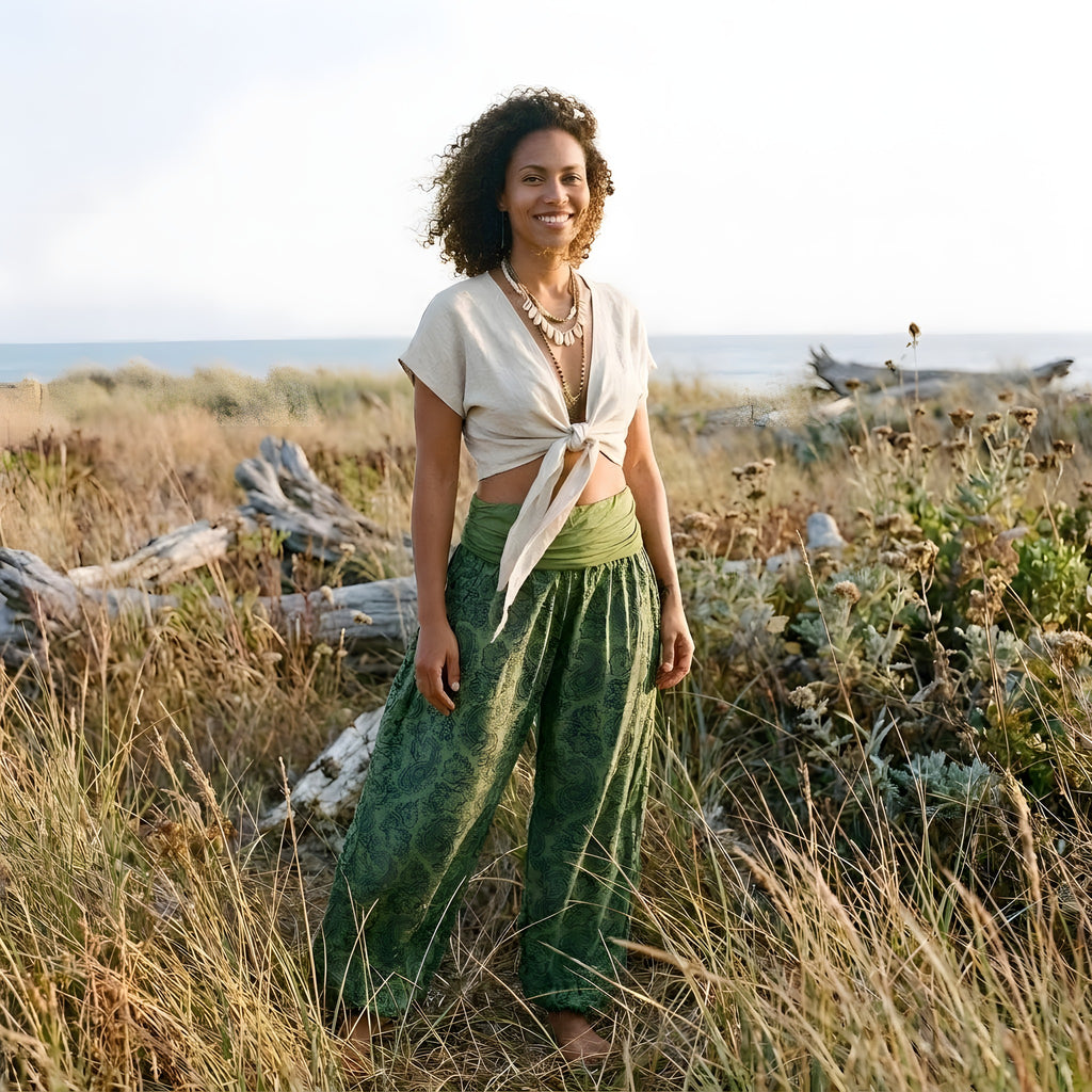 Sarouel Femme Vert Bouffant, Imprimé Cachemire