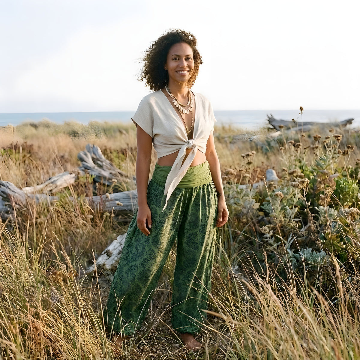 Sarouel Femme Vert Bouffant, Imprimé Cachemire