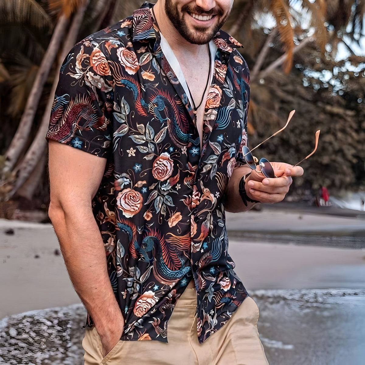 Chemise Hippie Homme à Fleurs, Col Cubain