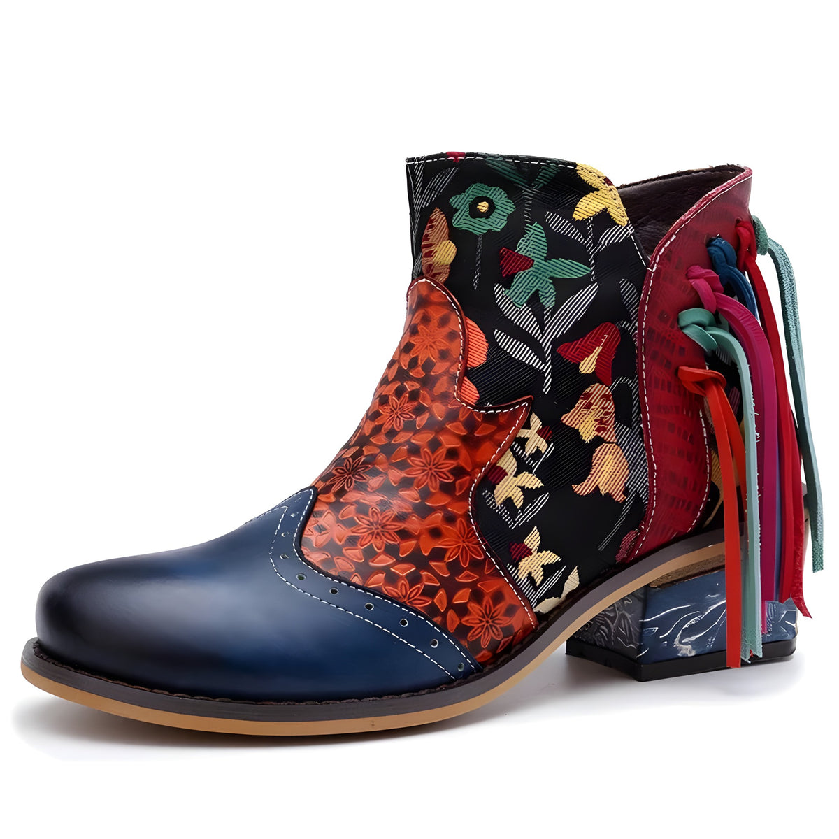 Bottine bohème en cuir de face, empiècements fleuris